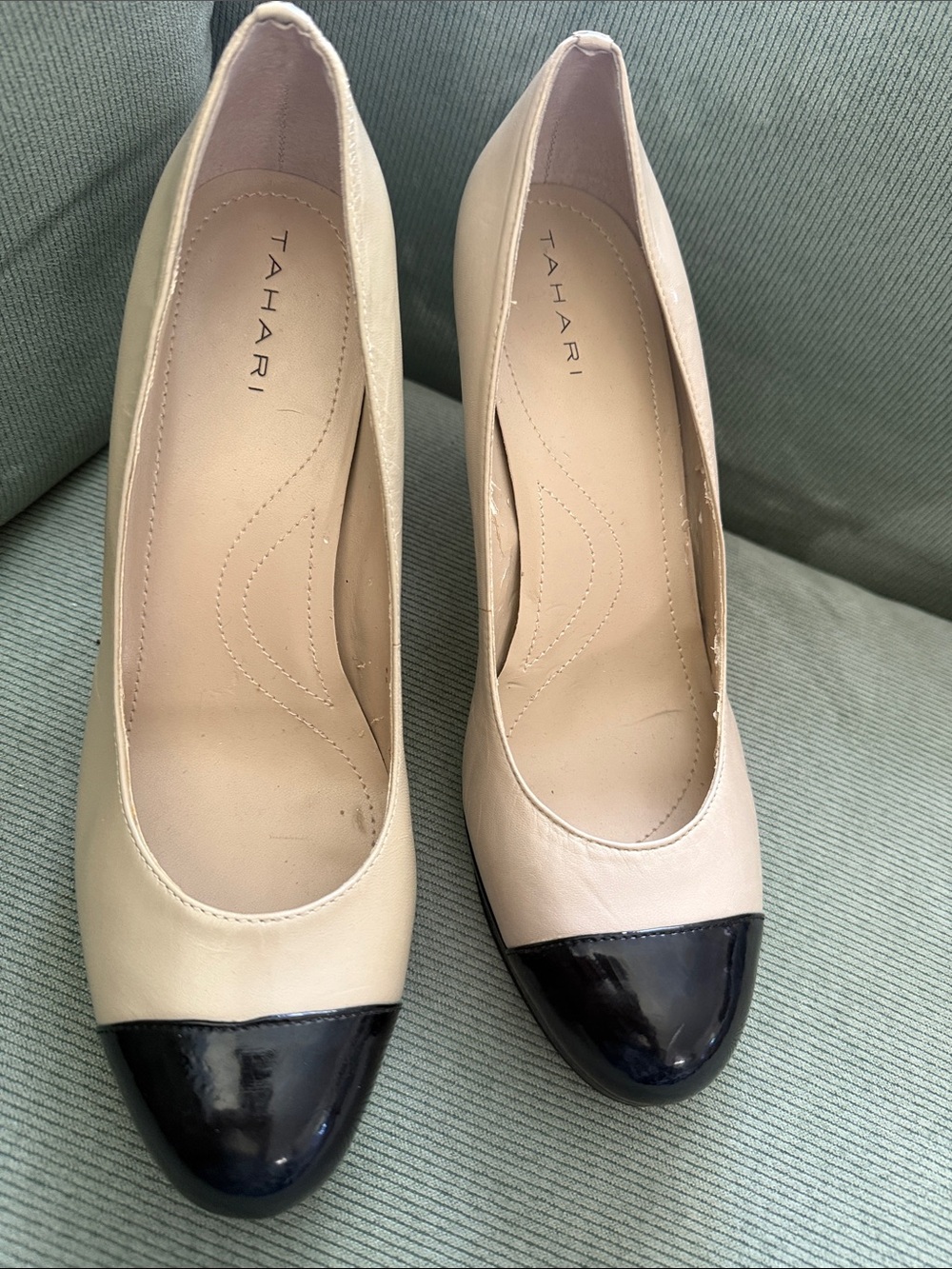 Tahari Cream and Black Cap-Toe Pumps